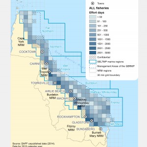 Commercial Fishing (ALL Fisheries and Harvest licences) Effort Days within GBR fishing grids in 2013. 