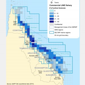 Commercial LINE Fishing Licences active within GBR fishing grids in 2013.