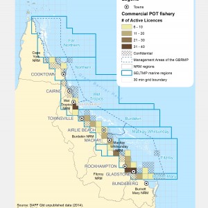 Commercial POT Fishing active licences within GBR fishing grids in 2013.