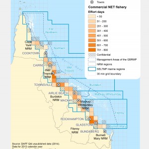 Commercial NET Fishing Effort Days (# of days fished) within GBR fishing grids in 2013.