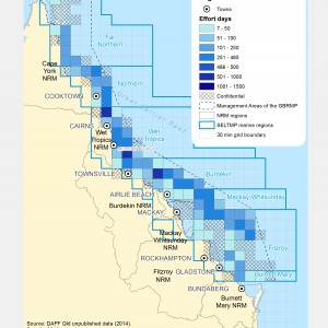 Commercial LINE Fishing Effort Days (# of days fished) within GBR fishing grids in 2013.