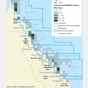 Commercial HARVEST Fishing Effort Days (# of days fished) within GBR fishing grids in 2013.